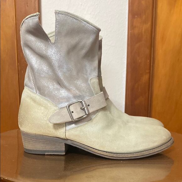 Pantanetti Leather Cowboy Boots Ankle Cream Iridescent Heeled Buckle Italian - Picture 1 of 16